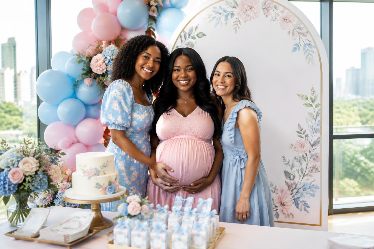 A joyful baby shower with a custom printed welcome sign and party favors